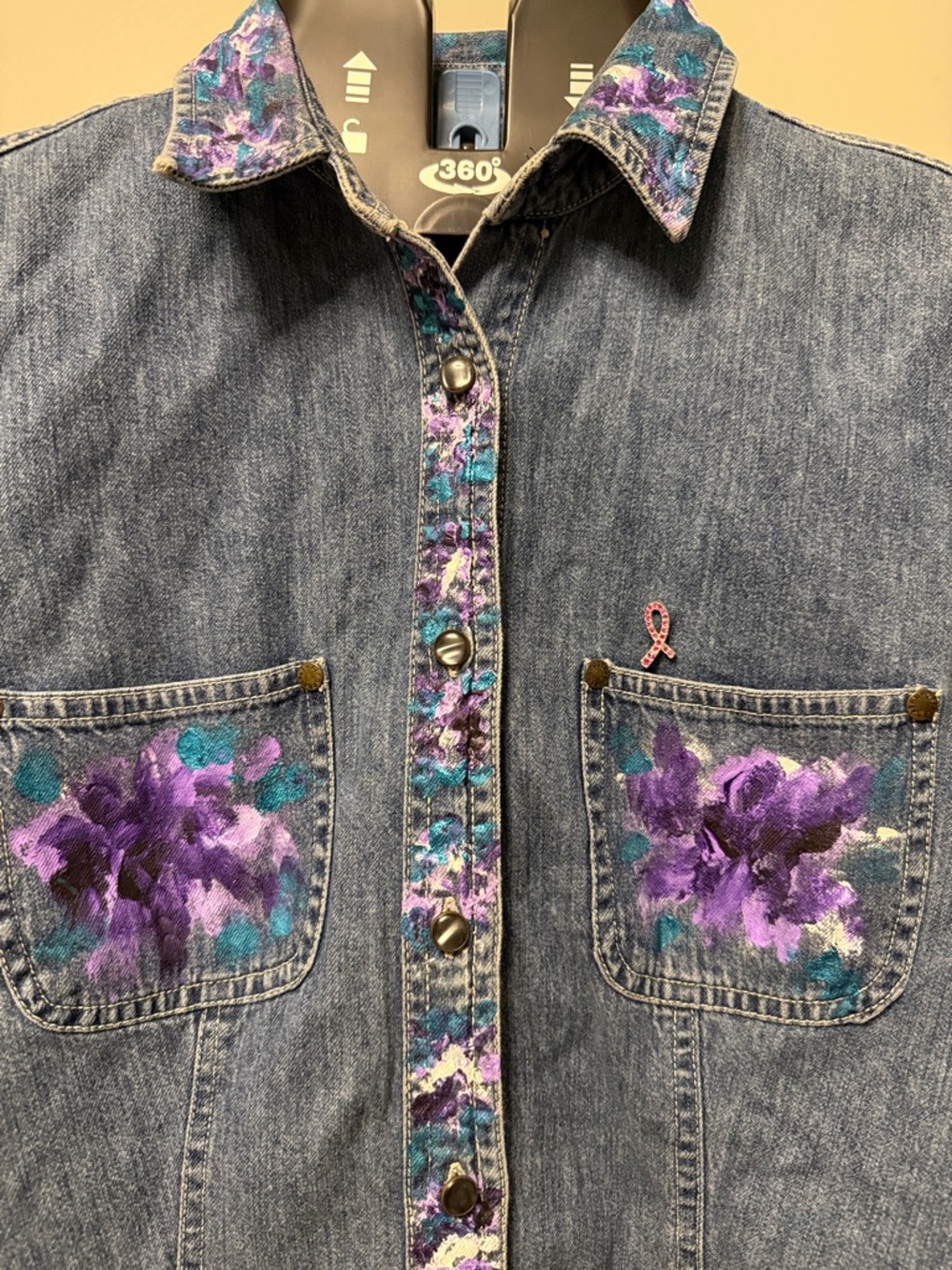 Handpainted Denim Button-Down Shirt with Purple Floral Accents - Picture 2 of 6